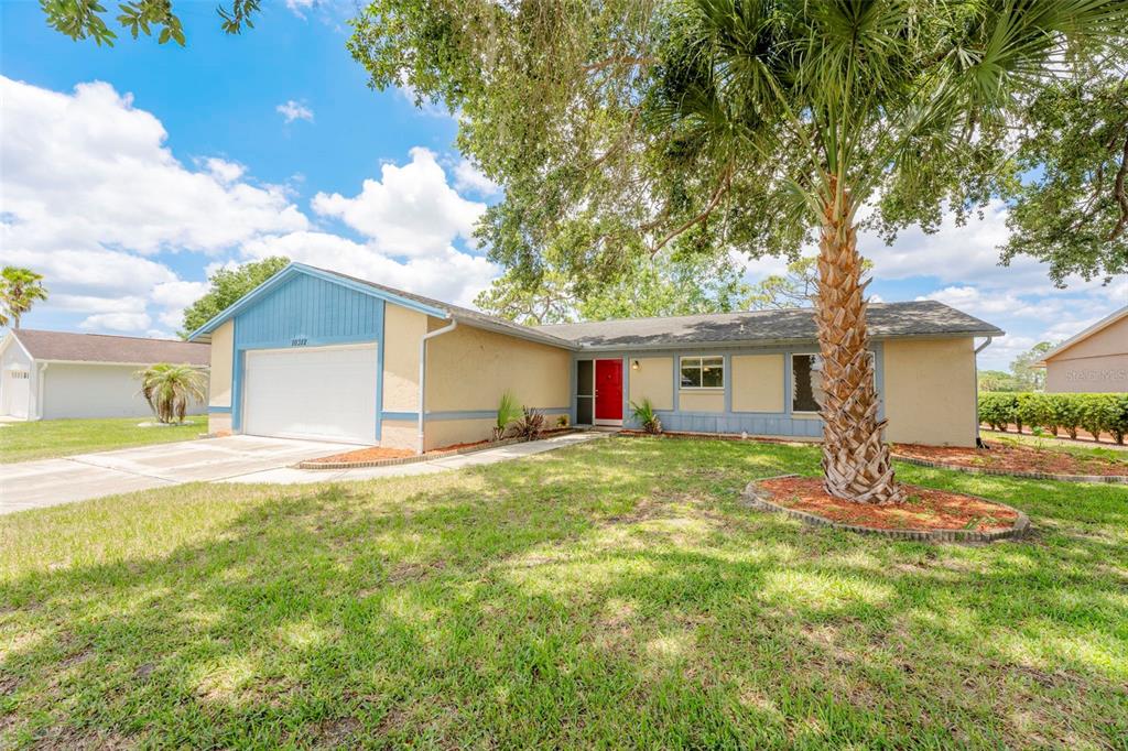 A single-story house with a blue-trimmed exterior, a red front door, and a palm tree — 10312 LAZY LAKE DRIVE, ORLANDO, FL