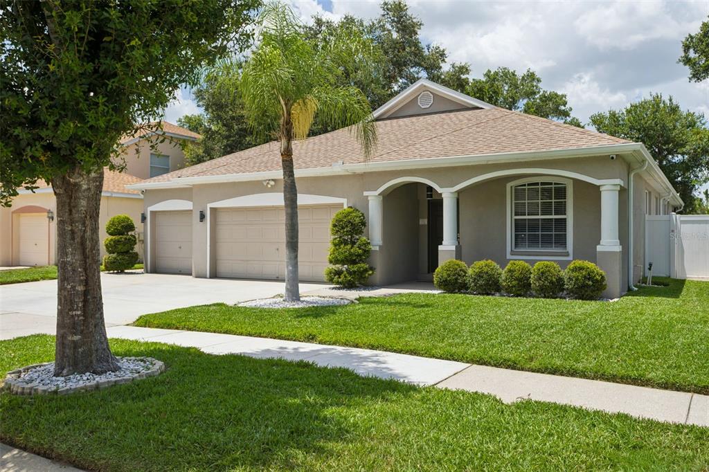 A single-story house with a three-car garage, a palm tree, and a manicured lawn — 12816 CATTAIL SHORE LANE, RIVERVIEW, FL