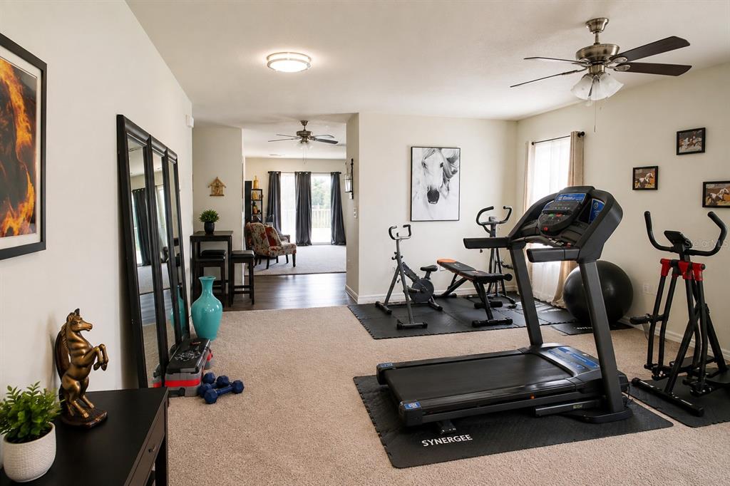 A home gym features a treadmill, exercise bike, weight bench, and mirrors on beige carpet — 120 SPARROW COURT, POINCIANA, FL