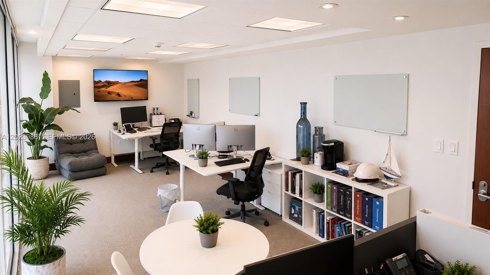 A modern office space features two desks, a round table, white walls, and potted plants — 31 SE 5th St # 502, Miami FL 33131, MIAMI, FL