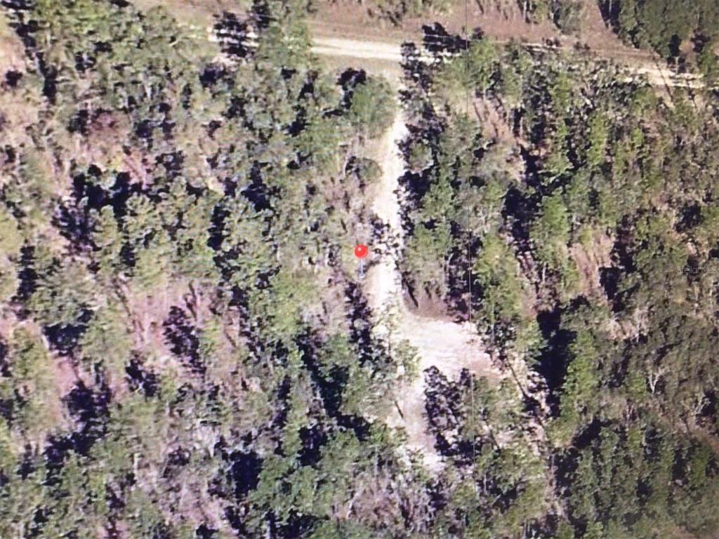An aerial view shows a red pin marking a wooded lot with a dirt driveway — 0 SW 87 STREET, DUNNELLON, FL