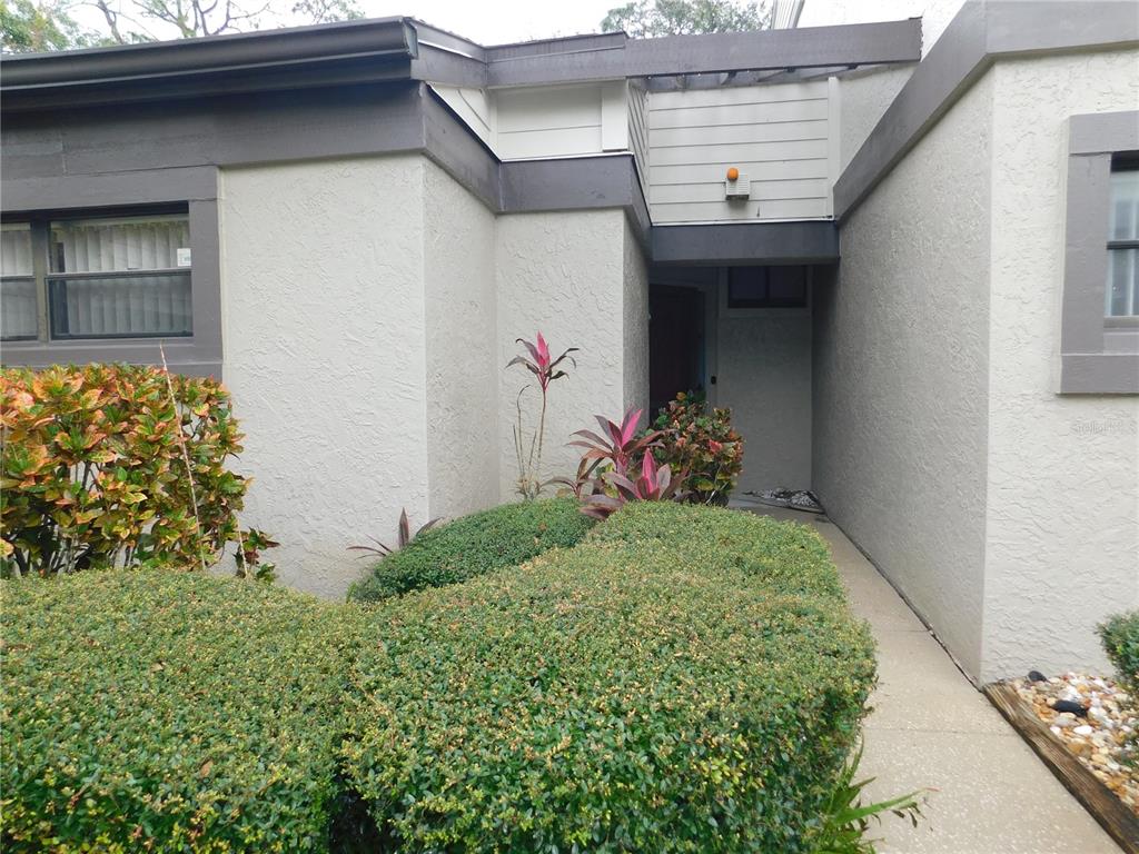 A concrete walkway leads to the recessed front entrance of a house with stucco walls — 60 WOODS LANDING TRAIL, OLDSMAR, FL