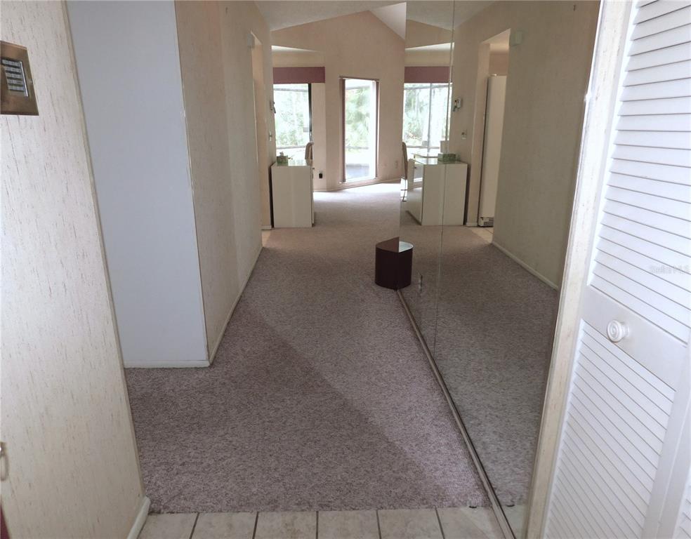 A carpeted hallway leads to a living area with a large mirror and vaulted ceilings — 60 WOODS LANDING TRAIL, OLDSMAR, FL
