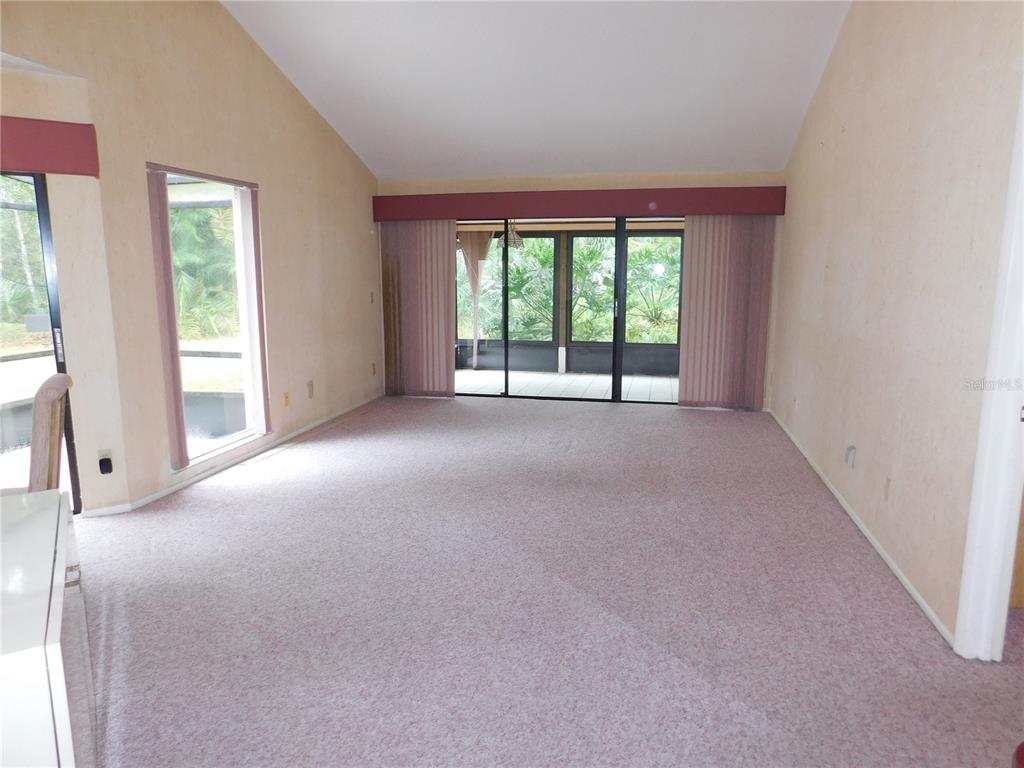 A spacious living room features vaulted ceilings, pink carpeting, and sliding glass doors to a lanai — 60 WOODS LANDING TRAIL, OLDSMAR, FL