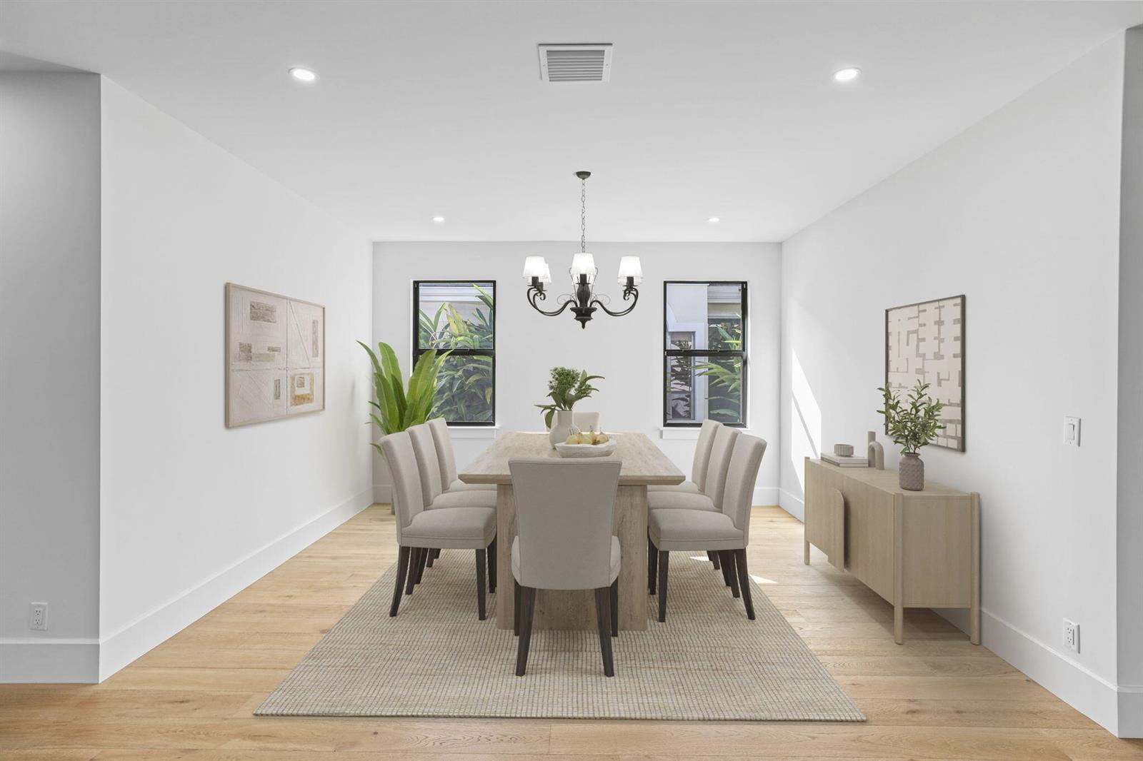 This is a rendering of a modern dining room with a wooden table and chandelier — 195 Birkdale Lane, Jupiter FL 33458, JUPITER, FL