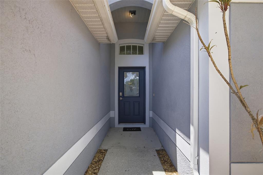 A narrow concrete walkway leads to a dark blue front door under a vaulted entryway — 7611 WILTSHIRE PARK PLACE, APOLLO BEACH, FL
