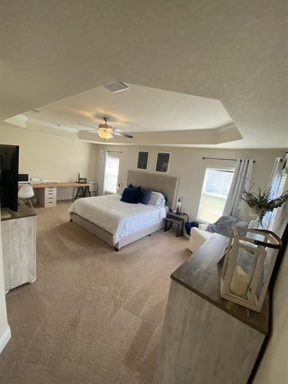 A spacious bedroom features a tray ceiling, carpeted flooring, a bed, and a desk area — 4634 SE 27TH STREET, OCALA, FL