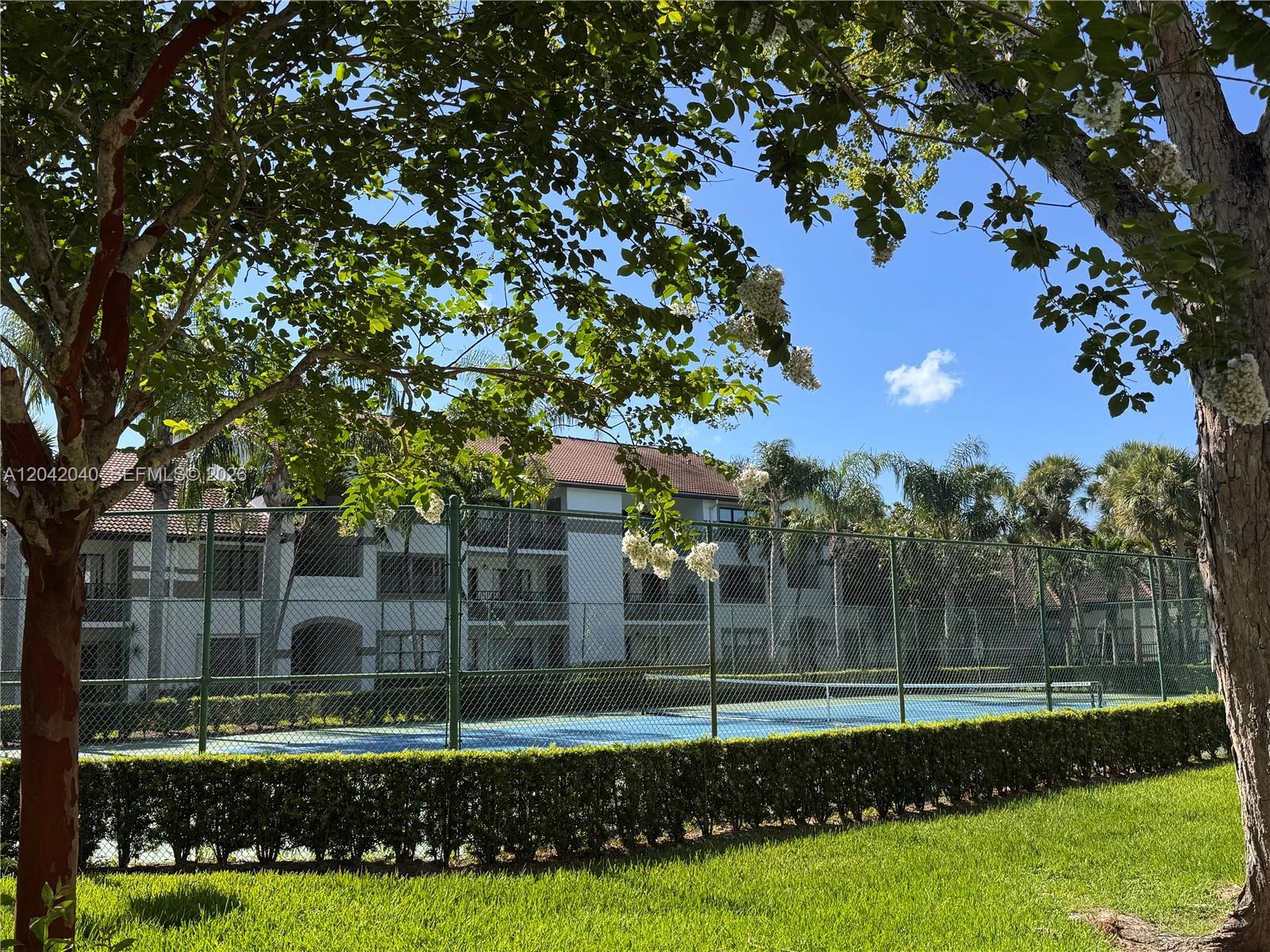 A tennis court is enclosed by a chain-link fence in front of a multi-story building — 550 S Park Rd # 8, Hollywood FL 33021, HOLLYWOOD, FL