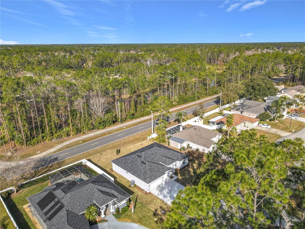 An aerial view shows several suburban houses with dark roofs situated near a wooded road — 16 EGAN DRIVE, PALM COAST, FL
