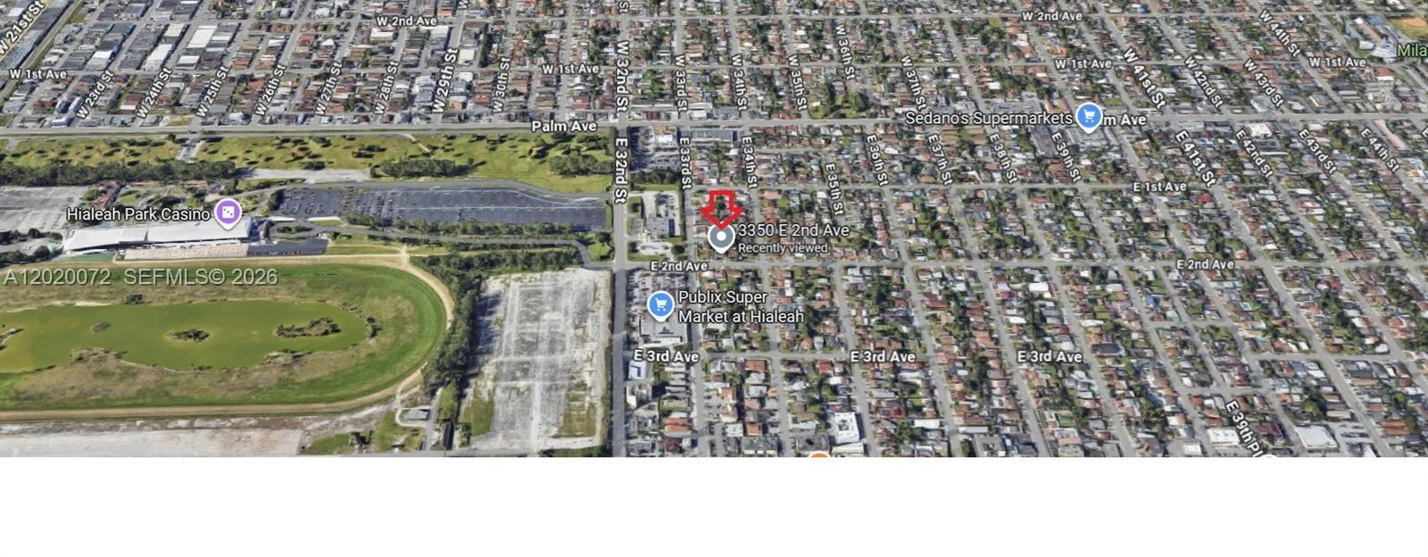 This is an aerial map view showing a property location near Hialeah Park Casino — 3350 E 2nd Ave, Hialeah FL 33013, HIALEAH, FL