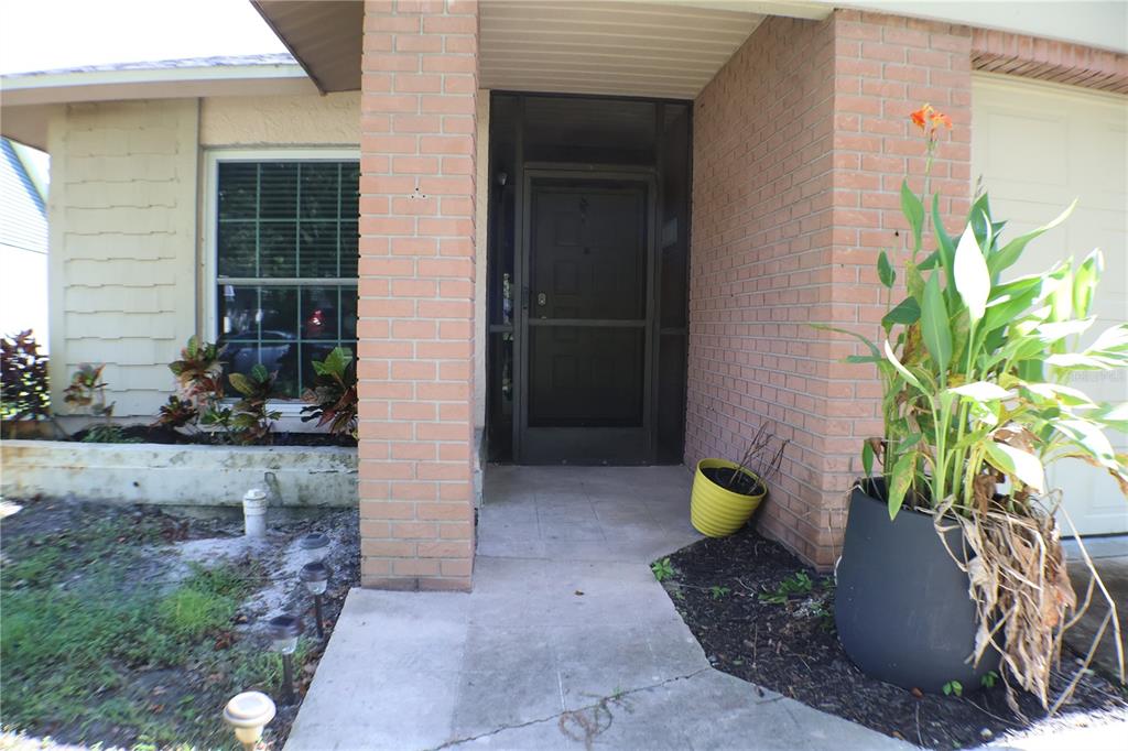 A brick-faced entryway features a dark screen door, a concrete walkway, and potted plants — 11806 WHITE ASH DRIVE, NEW PORT RICHEY, FL