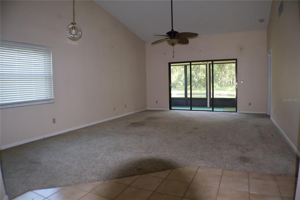 An empty living room features beige carpet, a ceiling fan, and sliding glass patio doors — 11806 WHITE ASH DRIVE, NEW PORT RICHEY, FL