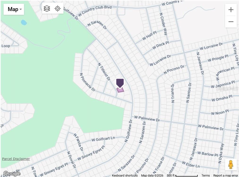 This image is a map showing residential streets and a property location marker — 8371 N TITLEIST DRIVE, CITRUS SPRINGS, FL