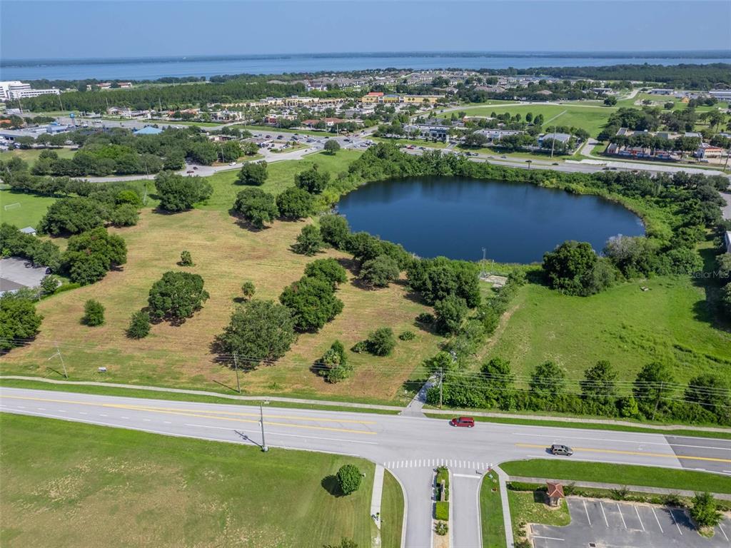 An aerial view shows a grassy lot with a pond next to a paved road — 0000 DORA AVENUE, TAVARES, FL