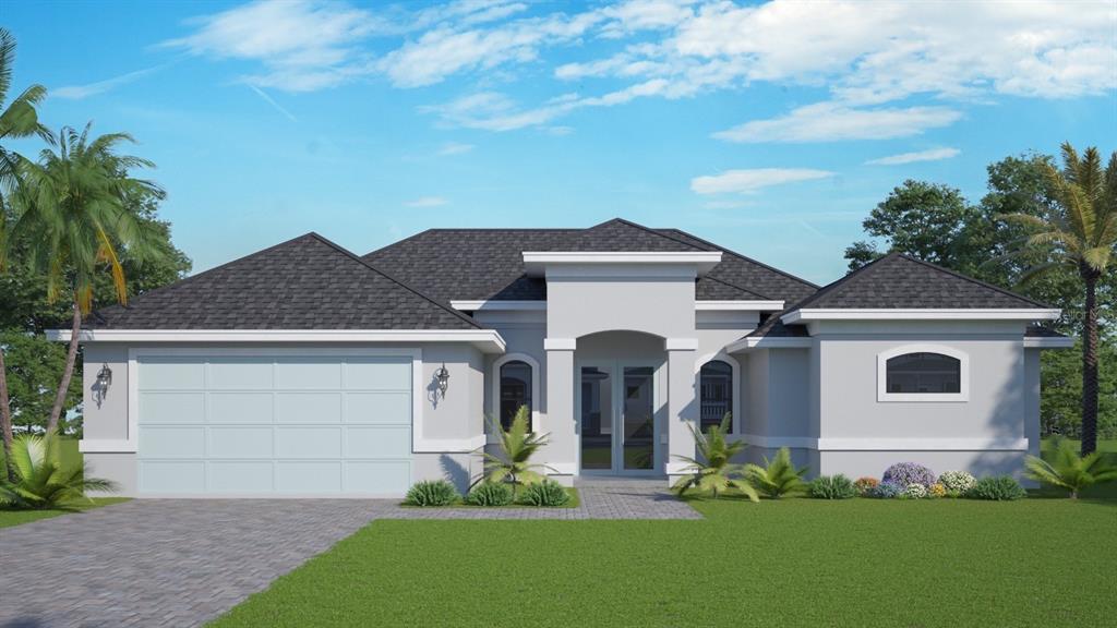 This is a digital rendering of a single-story house with a gray exterior and garage — 7194 PINEDALE DRIVE, PORT CHARLOTTE, FL