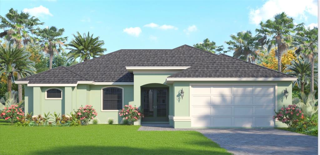 This is a rendering of a single-story house with a green exterior and two-car garage — 7194 PINEDALE DRIVE, PORT CHARLOTTE, FL