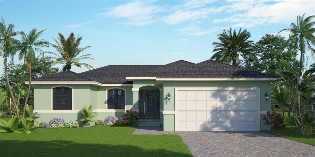 A digital rendering of a single-story house with a green exterior and a two-car garage — 7194 PINEDALE DRIVE, PORT CHARLOTTE, FL