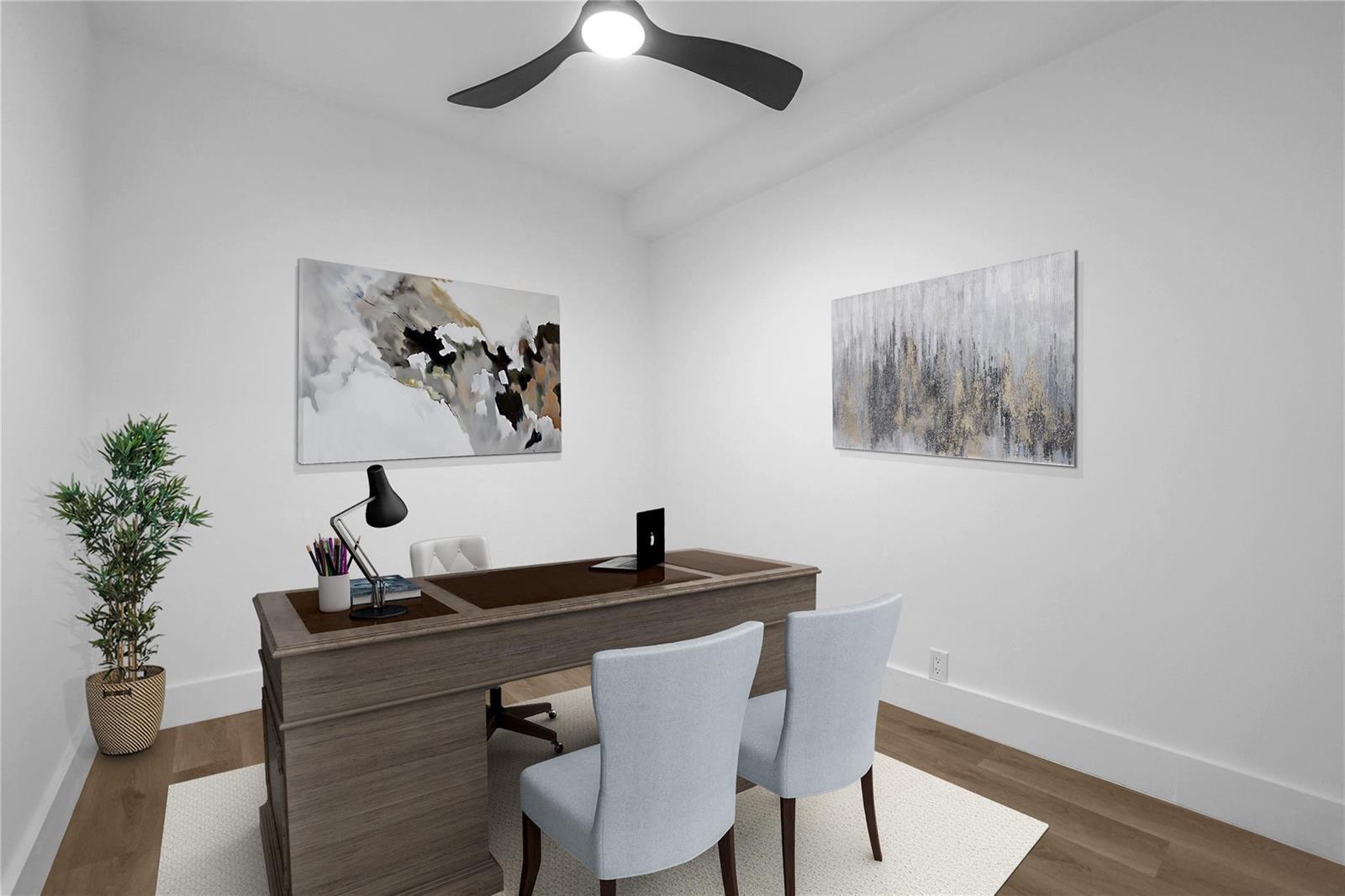 This is a digital rendering of a home office featuring a desk, chairs, and artwork — 6037 Balboa Circle # 401, Boca Raton FL 33433, BOCA RATON, FL