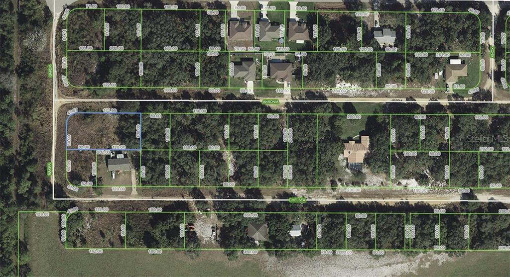 This is an aerial map showing residential lots and streets in a suburban neighborhood — 3465 W ANSONIA ROAD, AVON PARK, FL