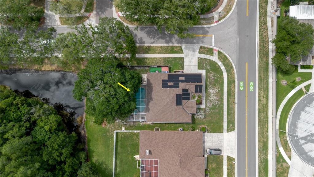 An aerial view shows a house with a screened pool and solar panels near trees — 9601 REGENTS PARK DRIVE, TAMPA, FL