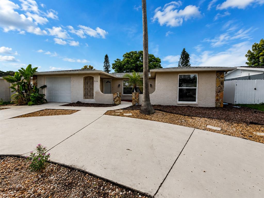 A single-story house with a concrete driveway, a garage, and a palm tree in front — 9135 GREENBRIAR LANE, PORT RICHEY, FL