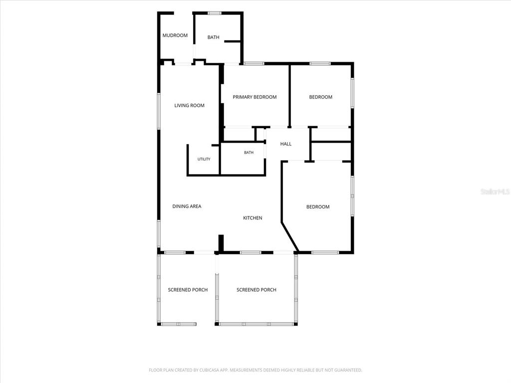 This is a floor plan showing a house with three bedrooms, two baths, and porches — 6723 78TH AVENUE N, PINELLAS PARK, FL