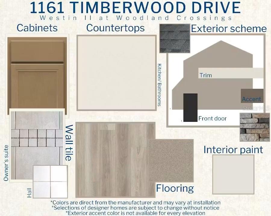 This design board displays material samples for home cabinets, countertops, flooring, tile, and exterior finishes — 1161 TIMBERWOOD DRIVE, WILDWOOD, FL