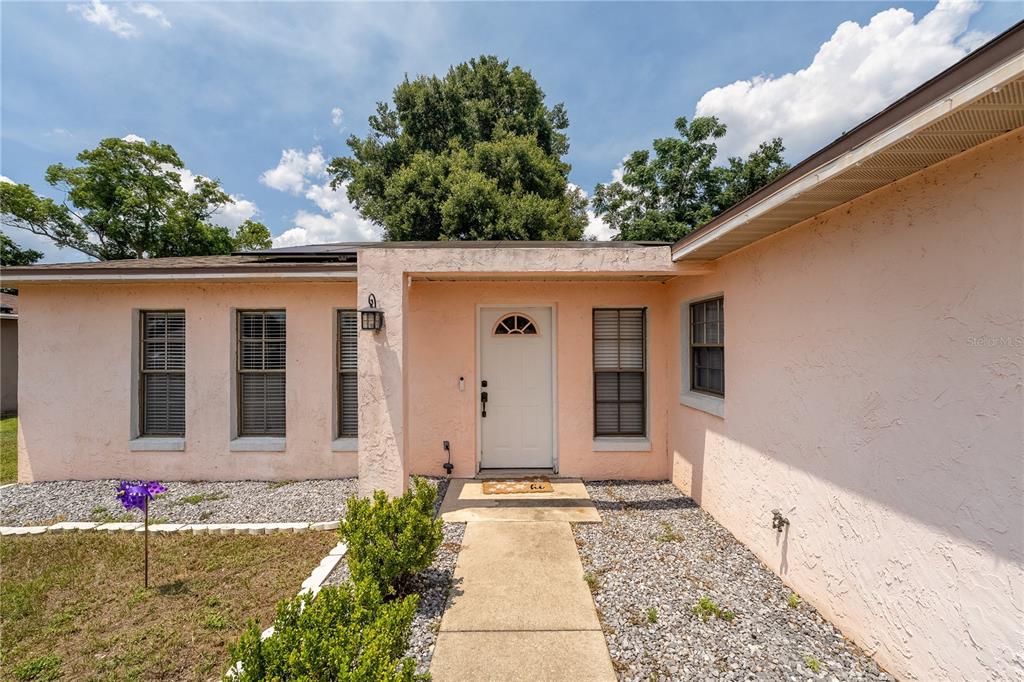 A pink stucco house exterior features a white front door and a concrete walkway — 407 SOUTH AVENUE, EUSTIS, FL