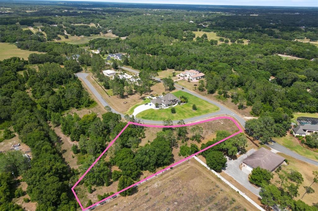 An aerial view shows a vacant, wooded residential lot outlined in pink near suburban homes — 000 DARLINGTON AVENUE, LADY LAKE, FL