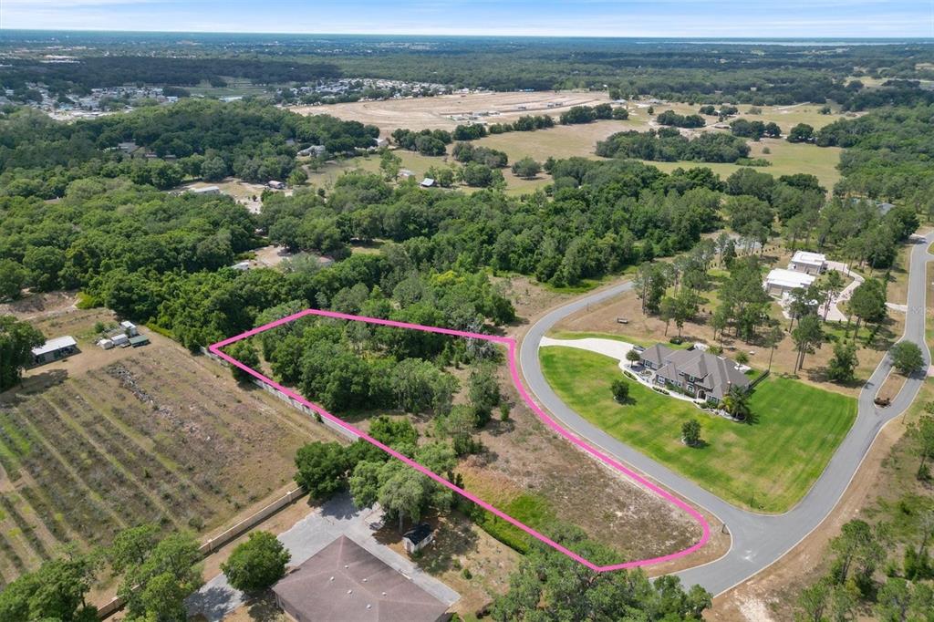 An aerial view shows a vacant, irregularly shaped lot outlined in pink next to a house — 000 DARLINGTON AVENUE, LADY LAKE, FL
