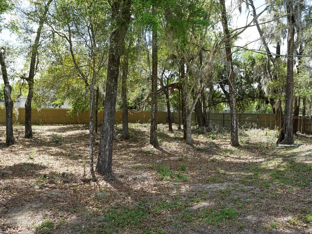 A wooded backyard lot features mature trees and a tan wooden privacy fence — 12149 SW 9TH LANE, GAINESVILLE, FL