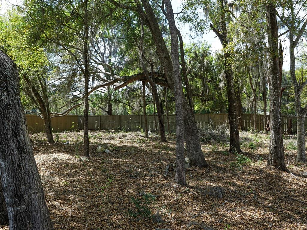 A wooded backyard features a wooden privacy fence and many mature trees with Spanish moss — 12149 SW 9TH LANE, GAINESVILLE, FL