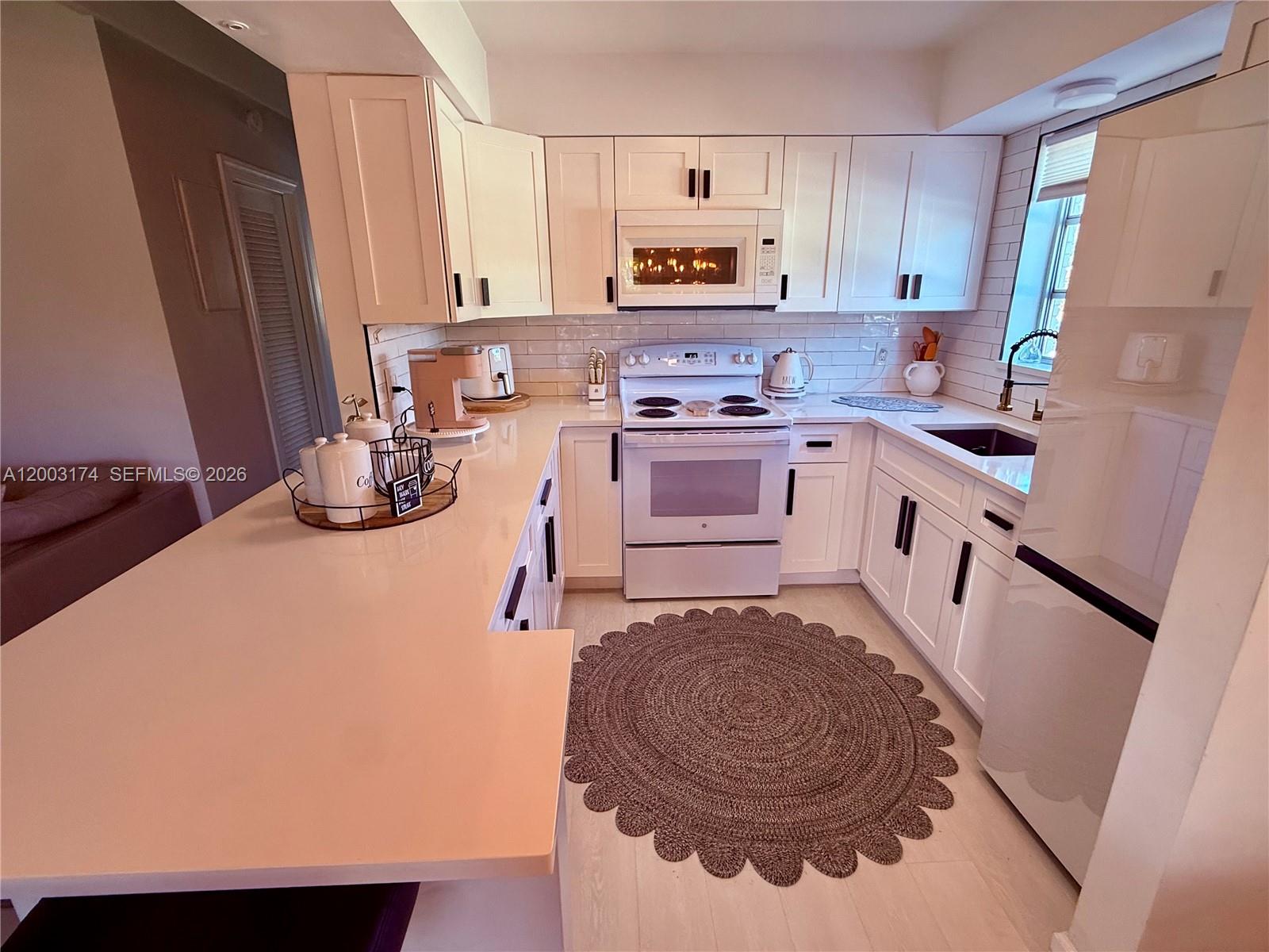 A kitchen features white cabinets, light countertops, a white stove, and a round rug — 115 S C St # 101, Lake Worth FL 33460, LAKE WORTH, FL