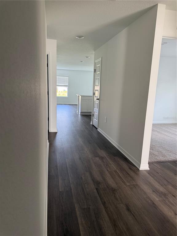 A hallway with dark wood-look flooring leads toward an open kitchen area with white cabinets — 1723 GRANDIOSE DRIVE, HAINES CITY, FL