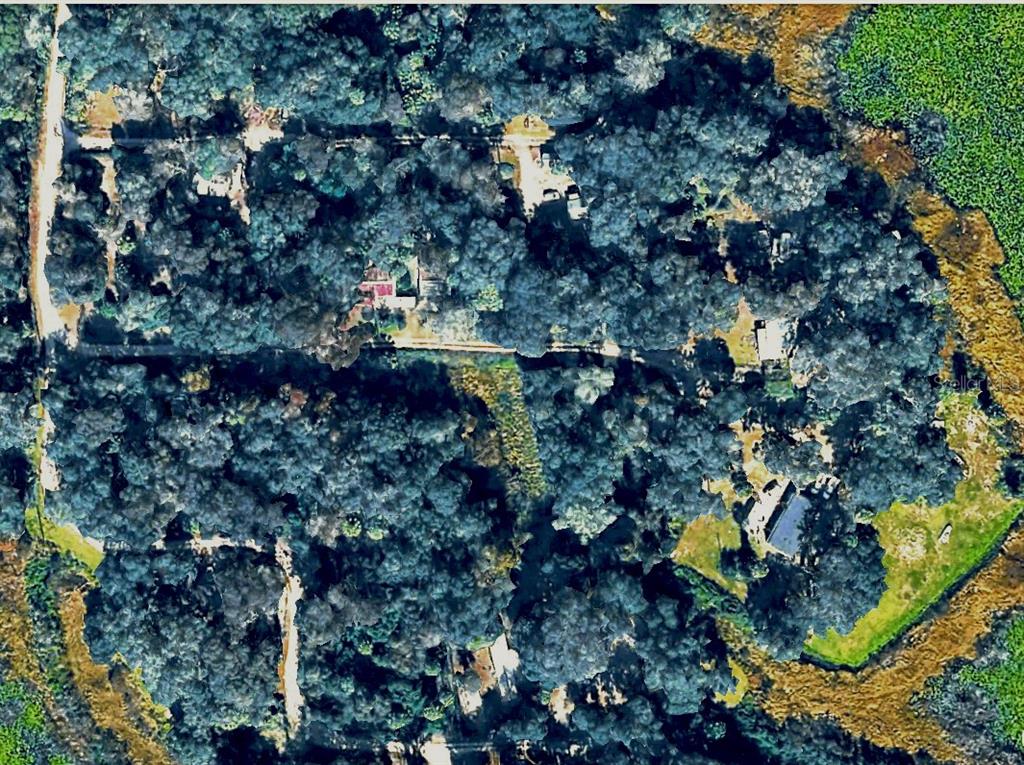 An aerial view shows a wooded residential area with several houses and dirt roads — X NE 31ST TERRACE, CITRA, FL