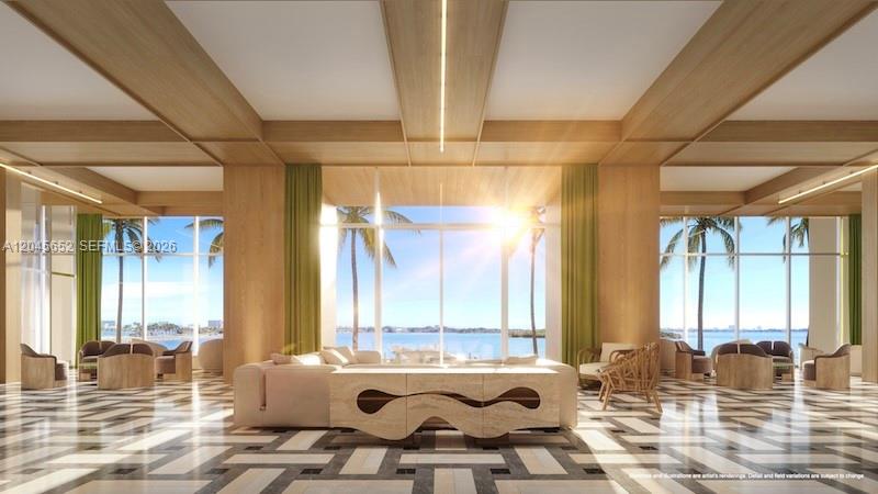 This rendering shows a spacious, modern lobby with wood-paneled ceilings, tiled floors, and ocean views — NORTH MIAMI, FL