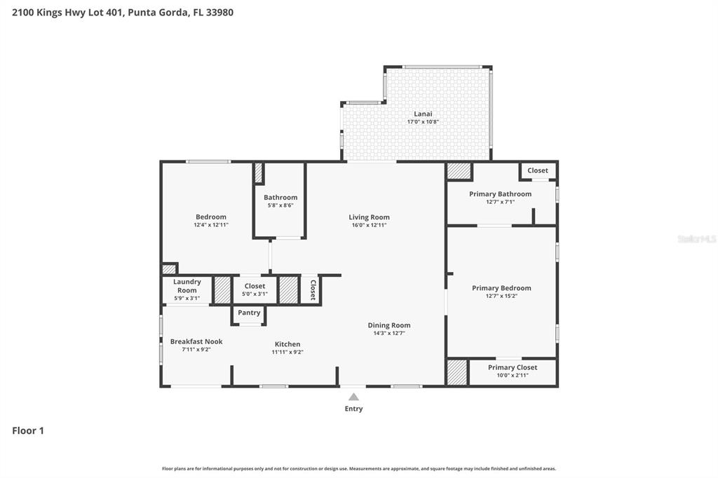 This is a floor plan for a single-story residential unit with two bedrooms and two bathrooms — 2100 KINGS HIGHWAY UNIT 401, PORT CHARLOTTE, FL