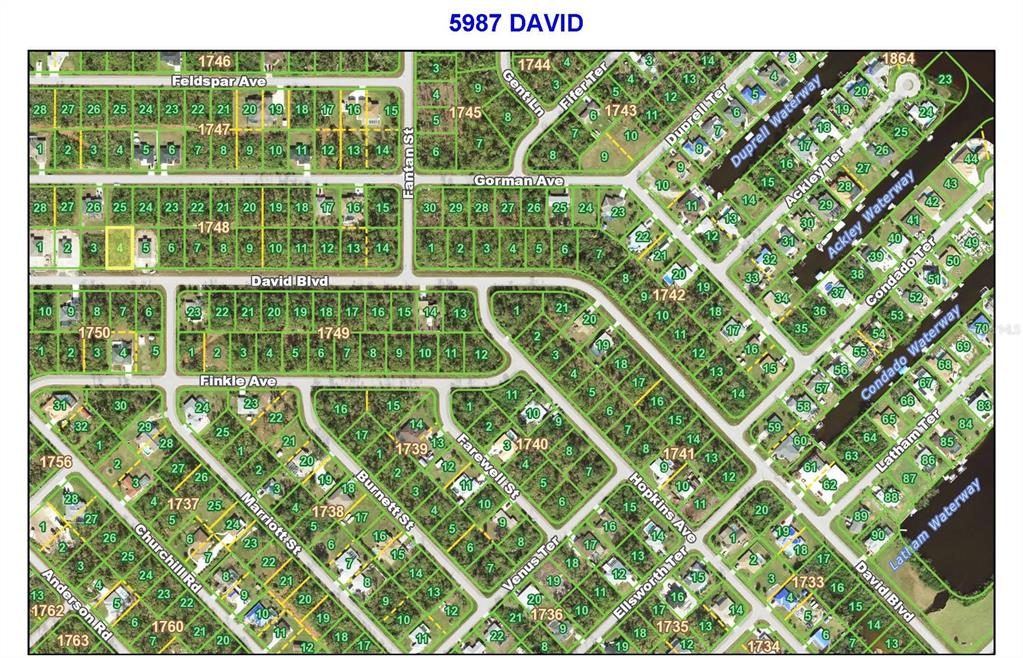 This is a map showing residential lots and waterways in a suburban neighborhood — 5987 DAVID BOULEVARD, PORT CHARLOTTE, FL