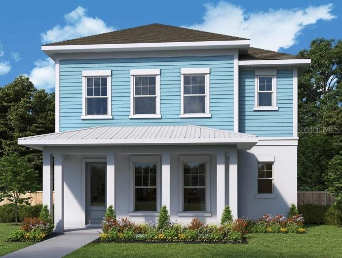 A digital rendering of a two-story house with blue siding, a white porch, and landscaping — 7300 DONNYBROOK LANE, SARASOTA, FL