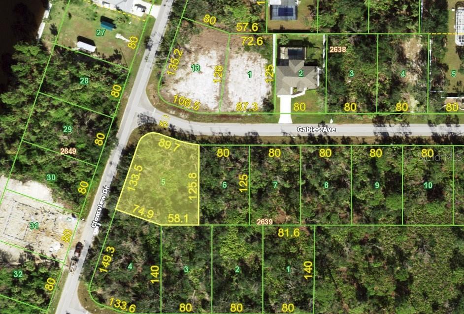 This is a satellite map showing residential land parcels and street layouts — 1388 CLEARVIEW DRIVE, PORT CHARLOTTE, FL