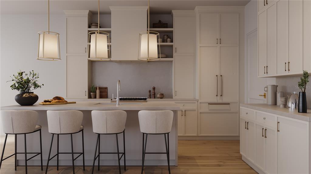 This rendering shows a modern kitchen with light cabinetry, a central island, and pendant lighting — 2609 ROSEMOND COURT, APOPKA, FL