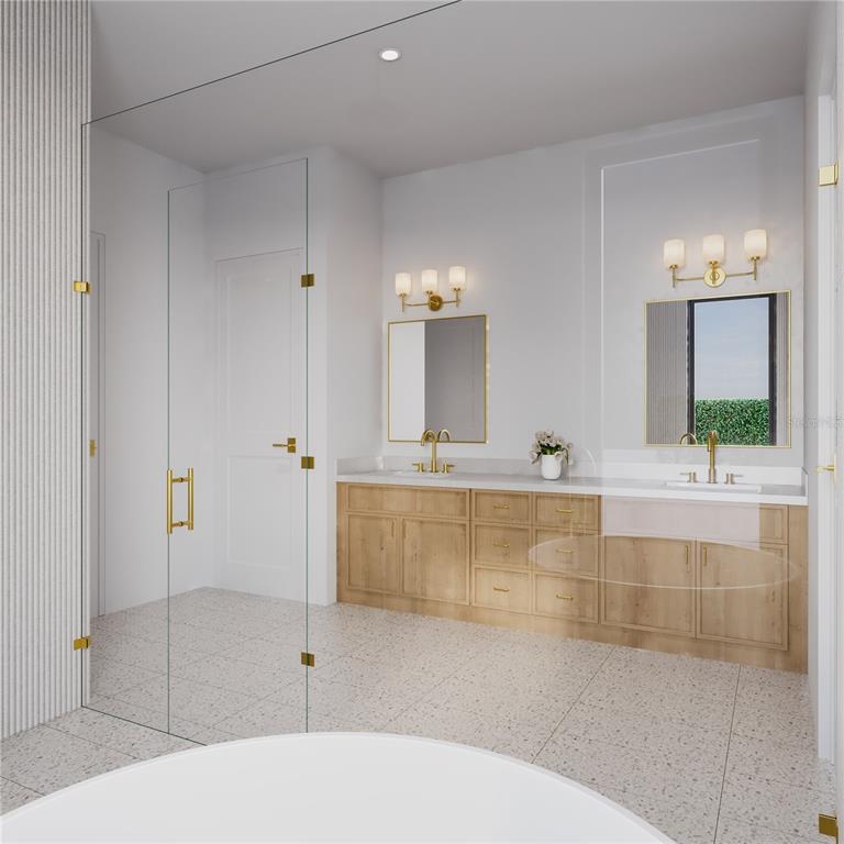 This rendering shows a modern bathroom with a double vanity, glass shower, and light wood cabinetry — 2609 ROSEMOND COURT, APOPKA, FL