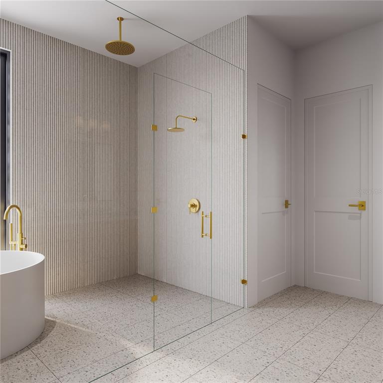 This rendering shows a modern bathroom with a glass-enclosed shower, gold fixtures, and textured walls — 2609 ROSEMOND COURT, APOPKA, FL