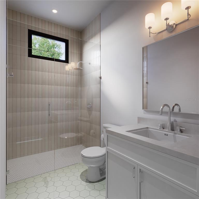 This rendering shows a modern bathroom with a glass-enclosed shower, vanity, and hexagonal floor tiles — 2609 ROSEMOND COURT, APOPKA, FL