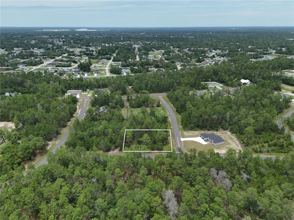 An aerial view shows a rectangular vacant lot surrounded by trees and residential streets — SW 40TH COURT, OCALA, FL