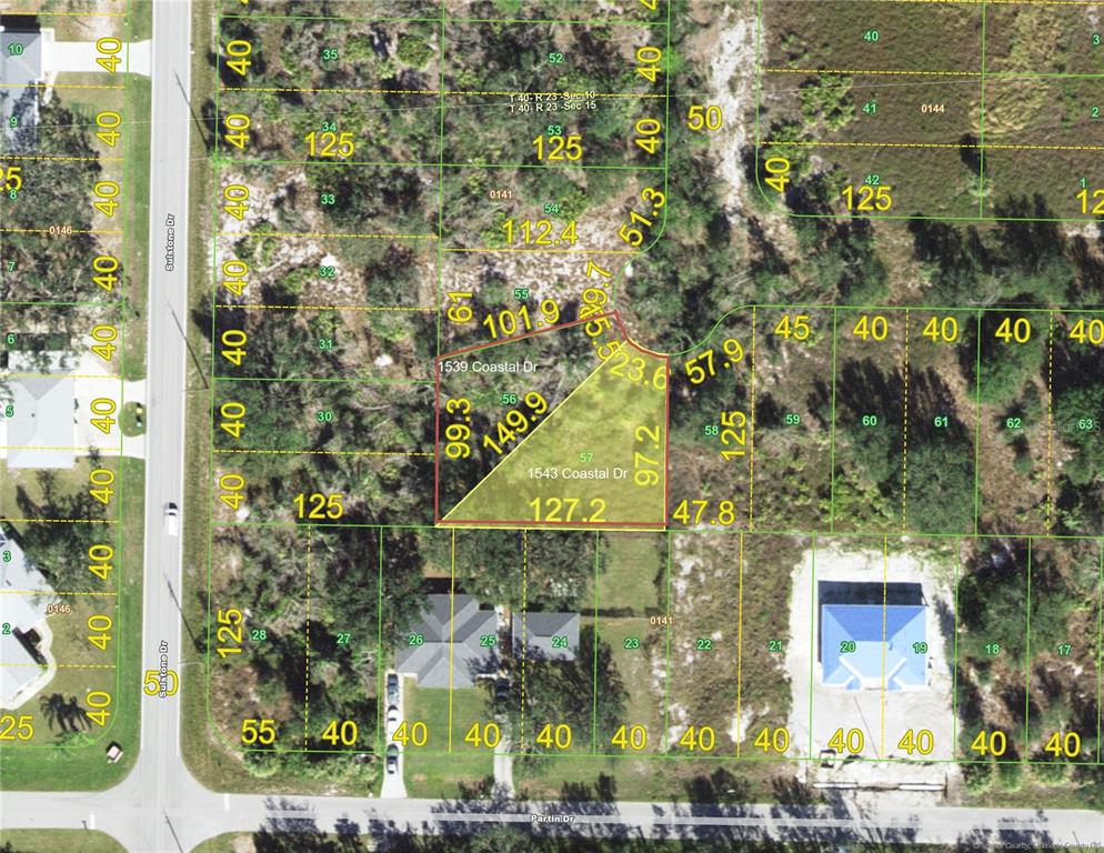 This is a property map showing lot boundaries and dimensions for a residential area — 1543 & 1539 COASTAL DRIVE, PUNTA GORDA, FL