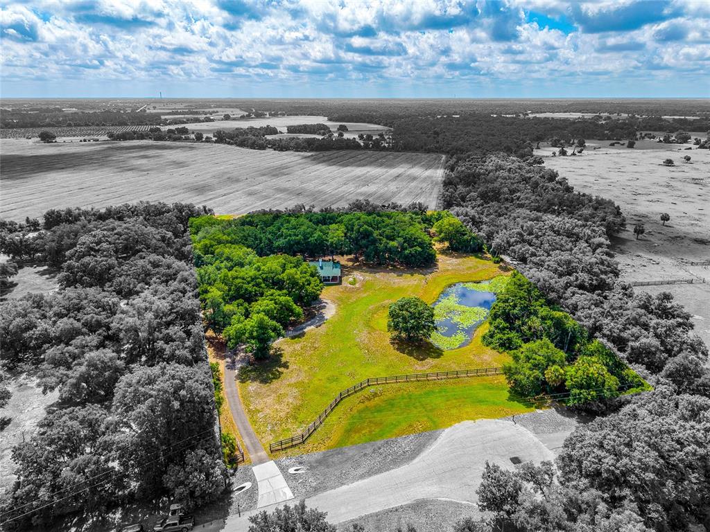 An aerial view shows a house with a green roof surrounded by trees and pasture — 14705 MOSSY HAMMOCK LANE, MYAKKA CITY, FL