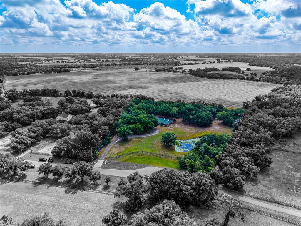 A white house with a green roof and a large wrap-around porch sits on grass — 14705 MOSSY HAMMOCK LANE, MYAKKA CITY, FL