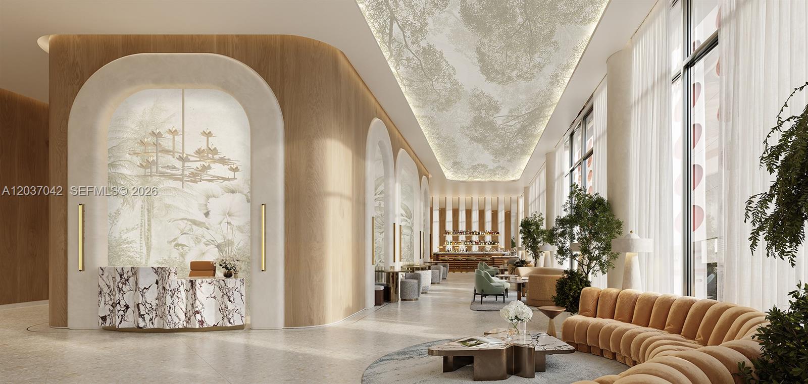 This rendering shows a modern lobby with arched wall niches, marble accents, and curved seating — 77 SE 5th Street # 2009, Miami FL 33131, MIAMI, FL