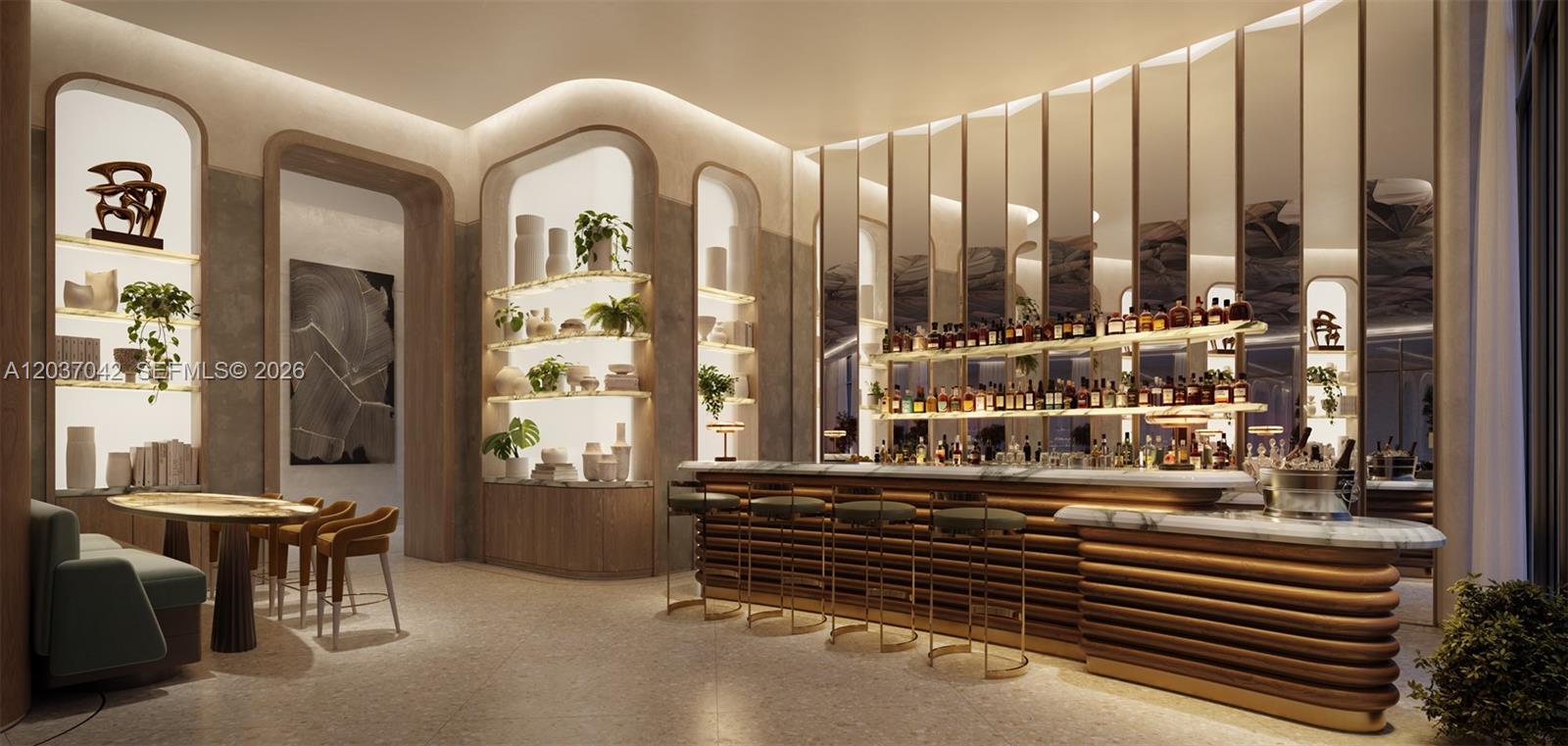 This rendering shows a modern bar area with a ribbed wood counter and illuminated shelving — 77 SE 5th Street # 2009, Miami FL 33131, MIAMI, FL